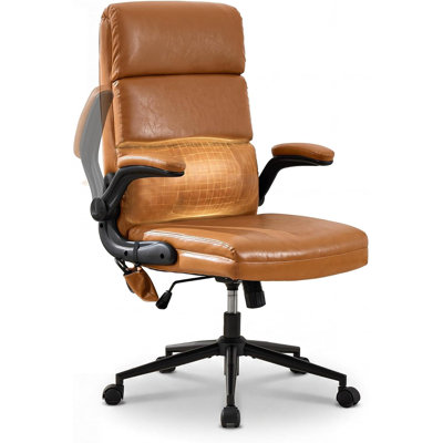 Ergonomic Office Chair, High Back Executive Desk Chairs With Adjustable Lumbar Support, Faux Leather Computer Chair With Flip-Up Arms & Swivel Wheels For Office(Brown)