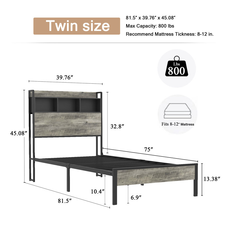 Structure de lit plateforme simple en bois avec rangement, 2 ports USB, sans sommier, facile à assembler, gris antique