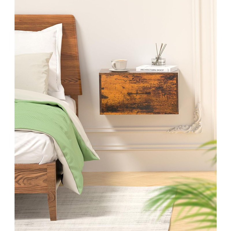 Floating Nightstand Shelf With Drawer, Wall Mounted Nightstand, Floating Drawer For Wall, Small Nightstand With Drawer, Floating Bedside Shelf For Bedroom, Rustic Brown