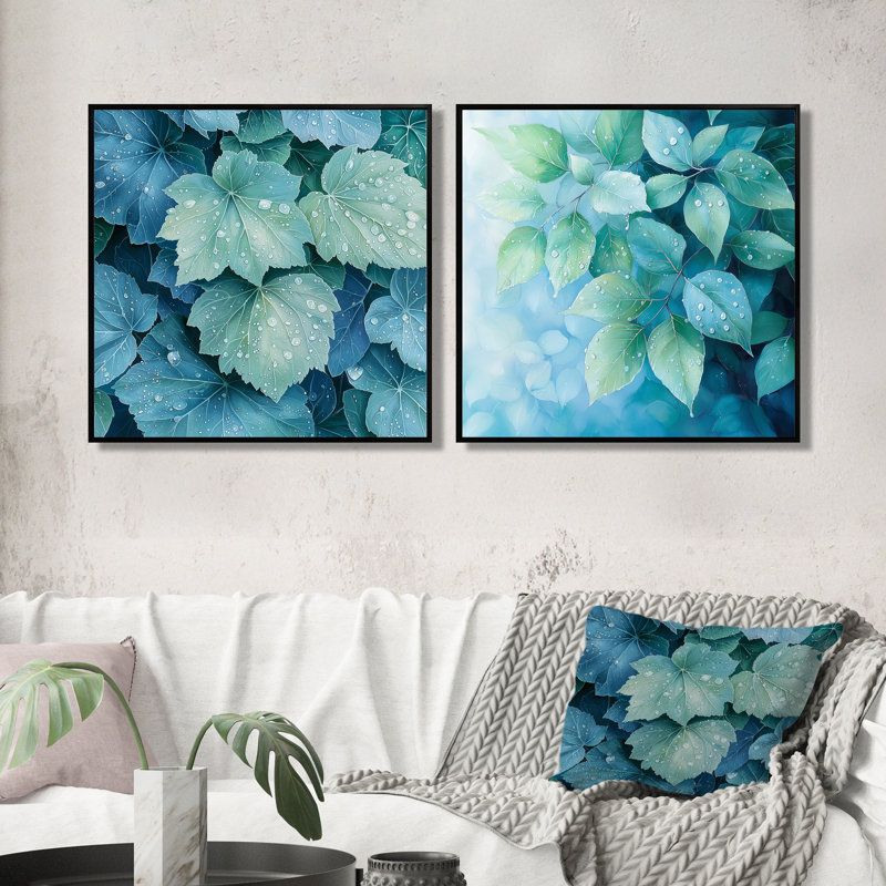«Morning Dewy Leaves I» - art mural feuilles - ensemble de 2 décorations murales traditionnelles, H 36 po x l 73 po, Noir