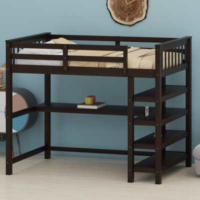 Structure de lit mezzanine avec tablettes de rangement et bureau sous le lit