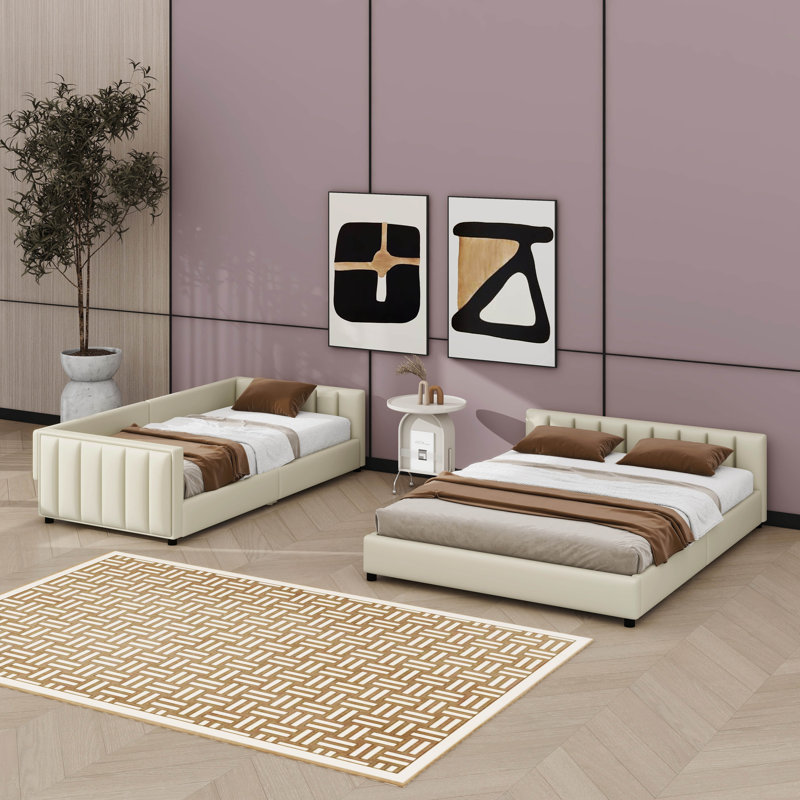 Lit plateforme tapissier disponible en taille grand, Beige