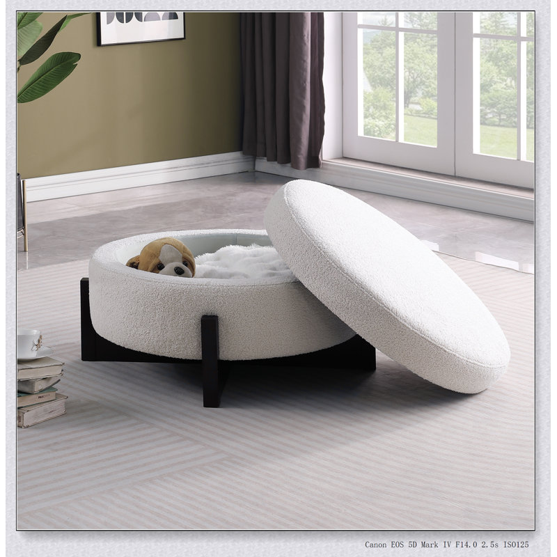 Repose-pieds rond élégant avec rangement caché, pieds pliables en chêne, parfait pour les espaces de vie modernes et fonctionnels