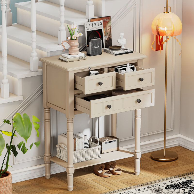 Narrow Console Table, Slim Sofa Table With Three Storage Drawers, Beige