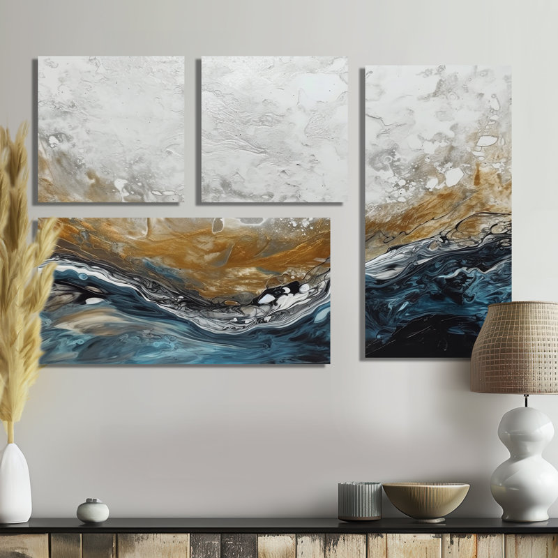 «Grey Gold Modern Abstract Contemporary II», art mural abstrait en marbre 4 pièces, Toile tendue, Ne s’applique pas