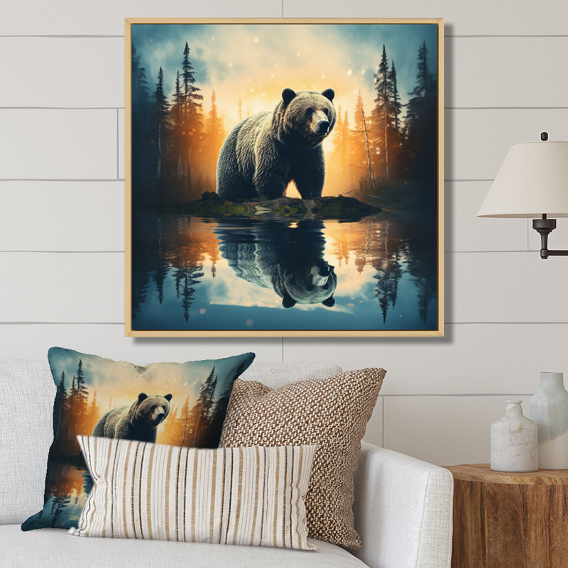 «Double Exposure Bear», art mural grand ours, H 30 po x l 30 po x P 1 po, Cadre flottant érable