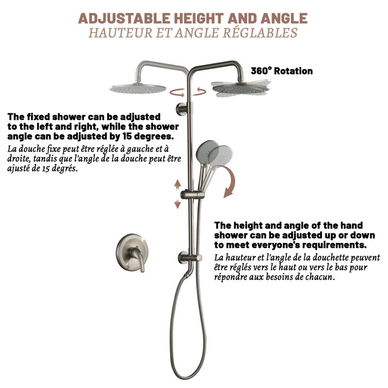 Brushed Nickel Dual Head Wall Mounted Rain Shower System