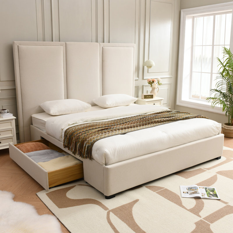 Morghen Upholstered Platform Bed With Extra High Headboard And 2 Extra Large Capacity Drawers, King, Beige