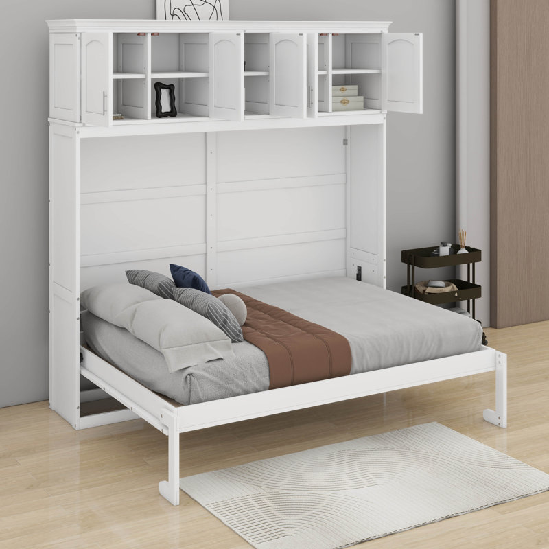 Grand lit escamotable avec armoires supérieures, Grand, Blanc