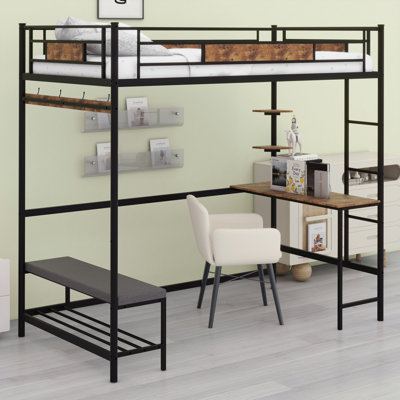 Loft Bed With Cubby Shelves, Hanging Hooks & Slide-In Study Desk