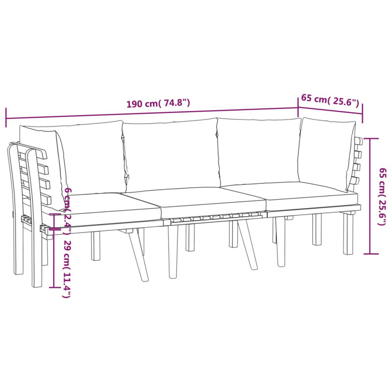 Chaise longue avec coussins 4 pièces Damita, 3 pièces: 2 coins, milieu