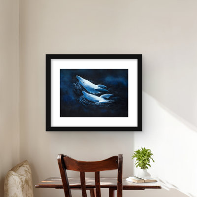 Two Swimming Dolphins | Coastal Framed Matted Print Decor