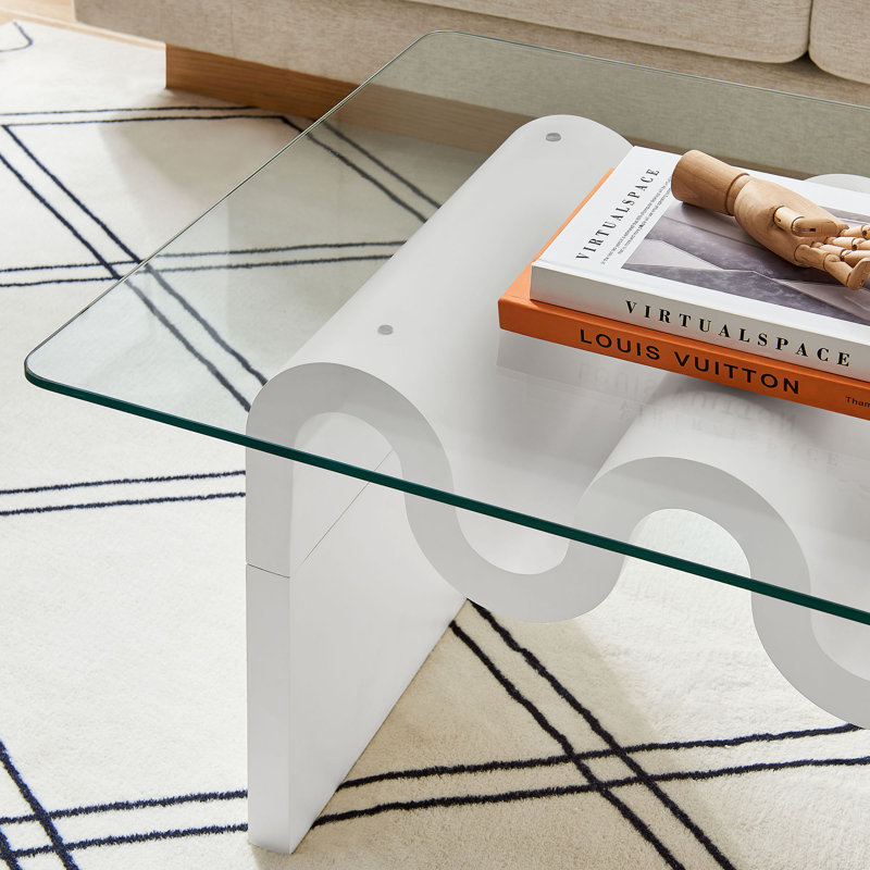 Ondine White Glass and Wood Wave Coffee Table
