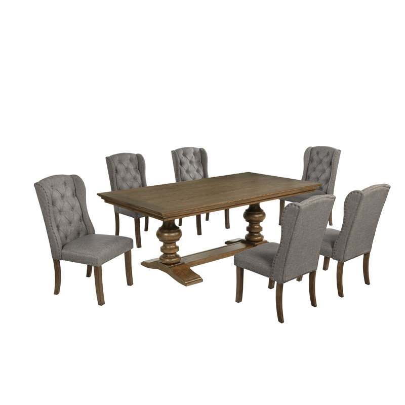 Ensemble de salle à manger de style traditionnel avec chaises capitonnées et garniture cloutée, Gris