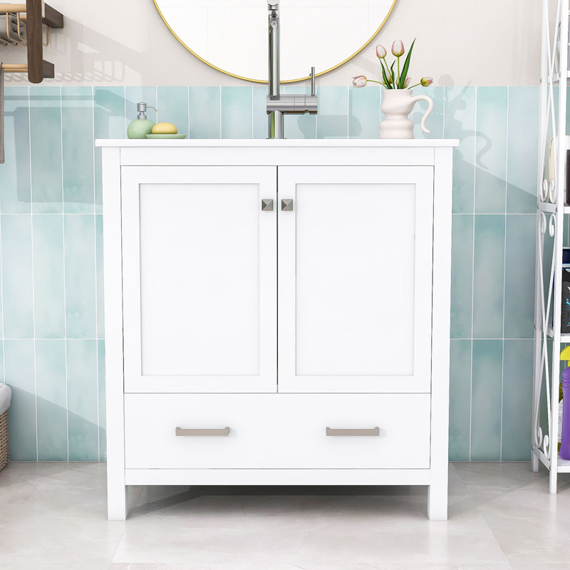 Ordonez Wooden Freestanding Single Bathroom Vanity with Ceramic Sink, Soft Close Doors and Ample Storage, White