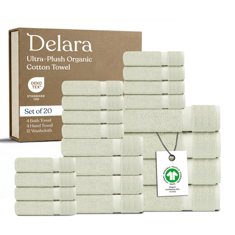 Delara Organic Cotton Plush Towel Set of 20, GOTS & OEKO-TEX Certified, 650 GSM, Soft, Quick-Dry, Absorbent, Hotel Quality