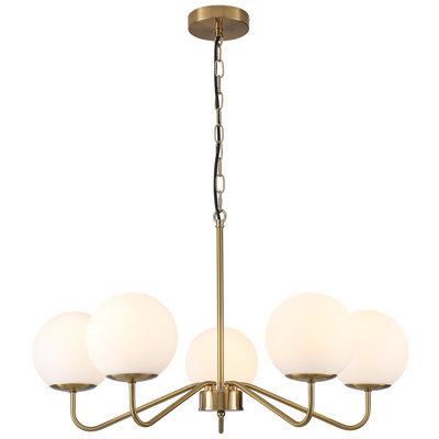 Lustre moderne à 5 lumières pour la salle à manger, lustre Spoutnik de style Mid-Century avec globe en verre blanc laiteux, hauteur réglable pour le salon de l'îlot de cuisine Farmhouse