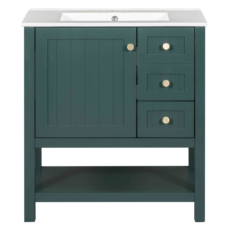Armoire de meuble-lavabo de 30 po. Conception transitionnelle. Finition. Lavabo en céramique. Fabrication durable. Options de rangement pratiques. Fermeture silencieuse de la porte. Assemblage requis + bois massif robuste. Polyvalent