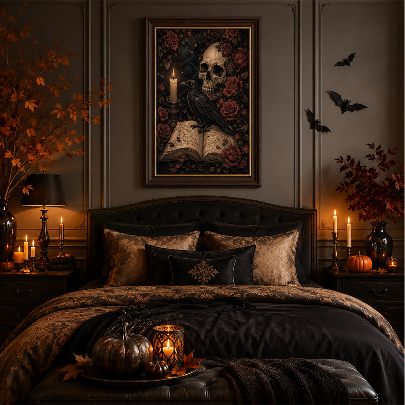Impression sur toile, crâne gothique et corbeau noir debout sur Halloween antique, H 18 po x l 12 po