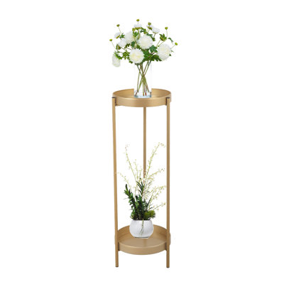 Modern Folding Metal 2-Tier Plant Stand Potted Plant Holder Shelf with 2 Round Trays Indoor Outdoor, Versatile, Golden by Mercer41
