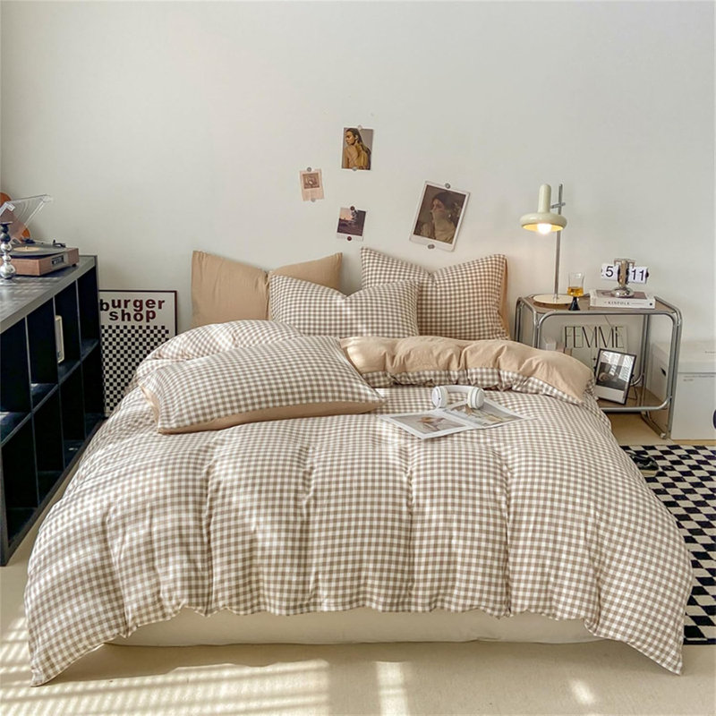 Duvet Cover Brown Tan Plaid Checkered Comforter Cover Grid Farmhouse Bedding Set Soft Breathable Washed Microfiber