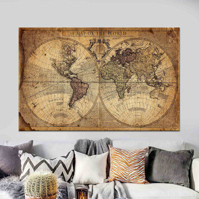 Vintage World Map Art: Printed Canvas Wall Decor with Antique Charm,1P GoldFramedCanvas
