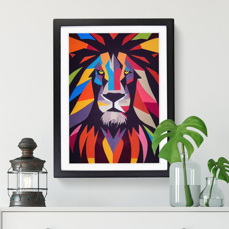 Lion Patchwork - Single Picture Frame Print, Black, 64cm H x 46cm W x 2cm D