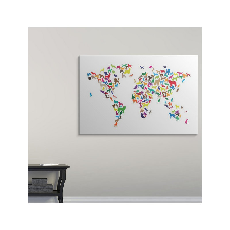 «Dogs Map of the World Map» par Abarca, impression, H 32 po x l 48 po x P 1,5 po, Toile