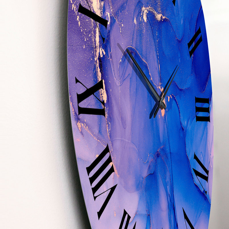 Horloge murale moderne bleu et rose avec nuages d'encre de marbre IV, Moyenne