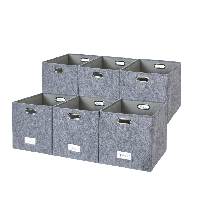 Collapsible Felt Cube Storage Bin with Label Holder and Metal Handles, Dark Gray, 38 qt