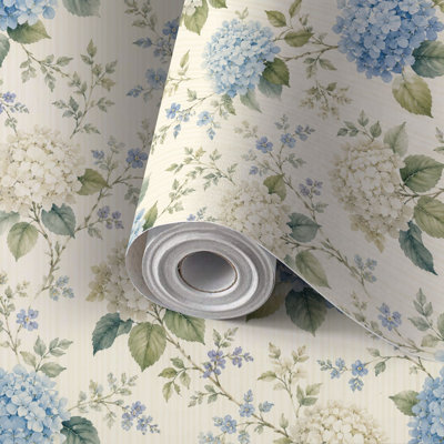 Peel and Stick Wallpaper Contact Paper Blue Cream Hydrangea Floral Self Adhesive and Removable 24in x 118in(60x300cm)