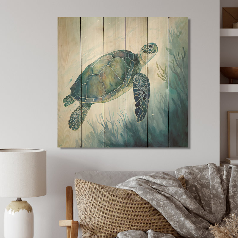 Aquarelle de tortue nageant III - animaux, art mural bois de tortue - bois de pin naturel, L 24 po x H 24 po x P 1 po