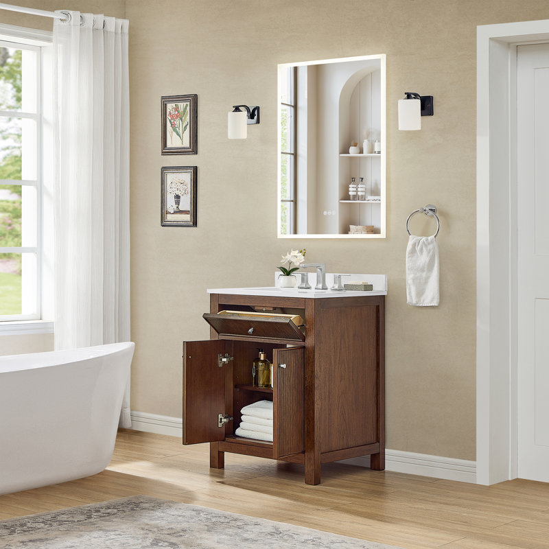 Meuble-lavabo simple 24 po Pendry en noyer foncé, comptoir en marbre de culture blanc, lavabo carré encastré (1 trou), garniture en nickel brossé