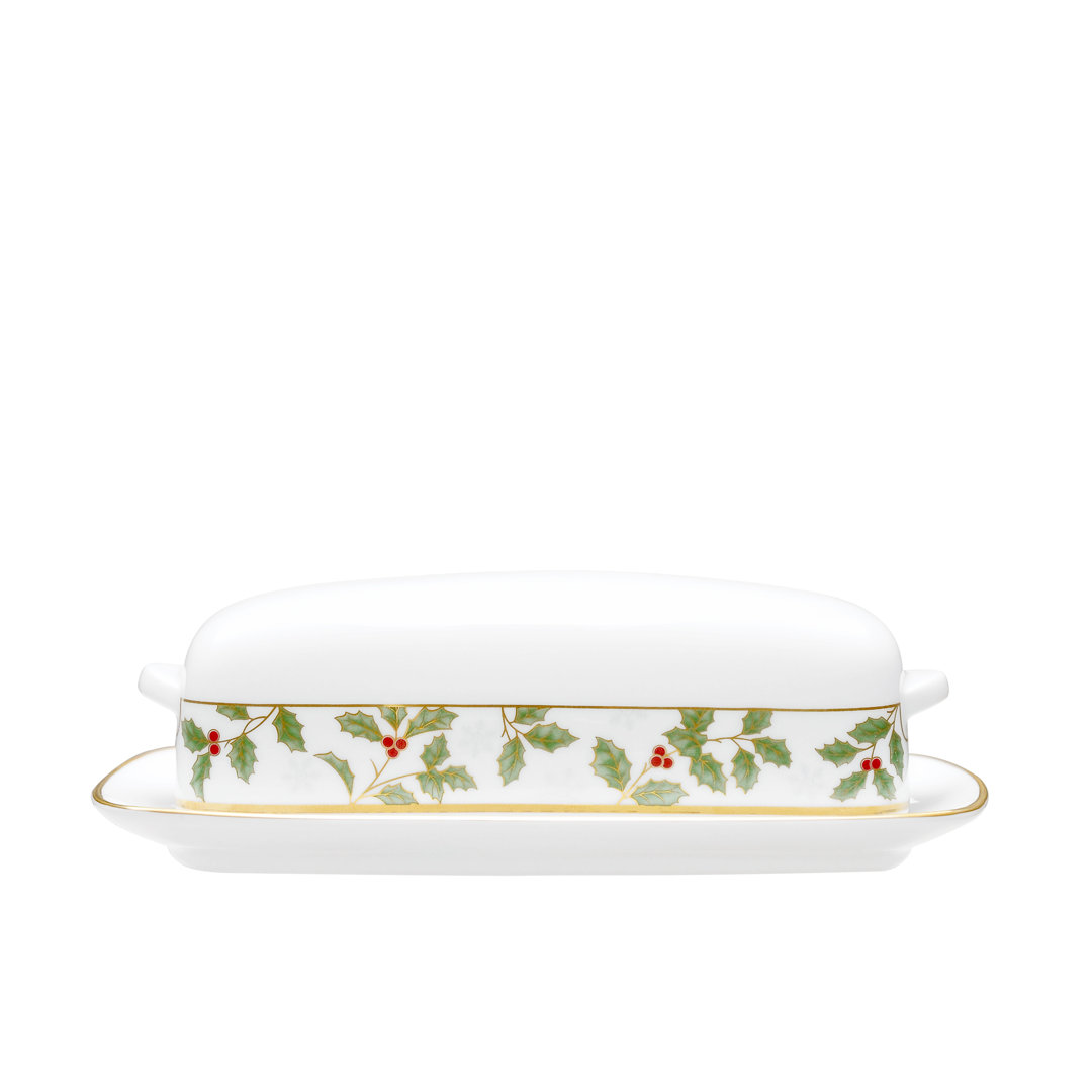 Noritake Holly and Berry Gold Covered Butter Dish, 8" Noritake