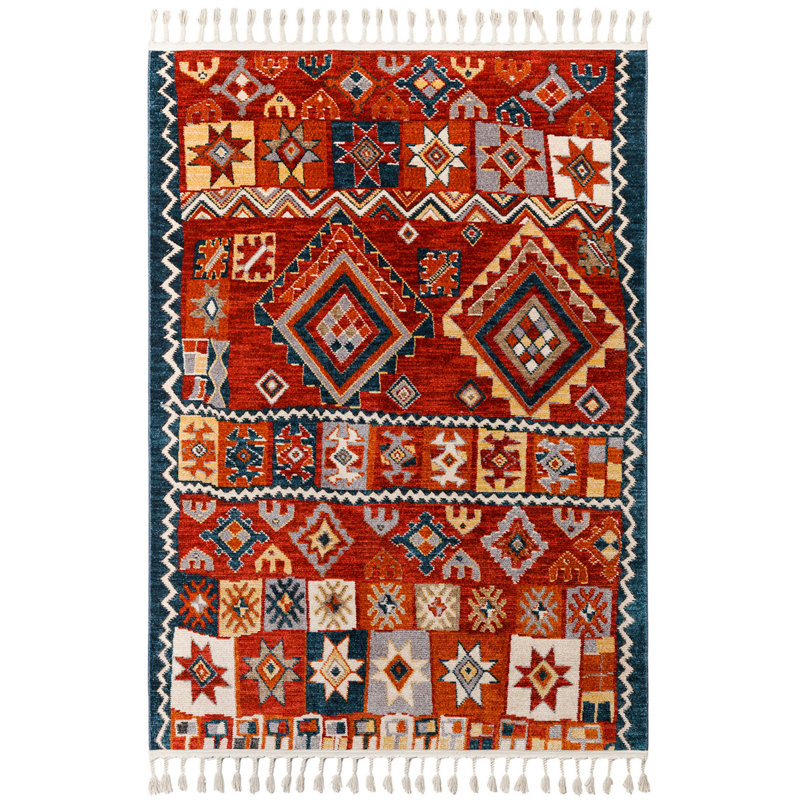 Tapis marocain en polyester tissé à la machine en rouge / beige, Rectangle 6 pi 7 po x 9 pi 6 po