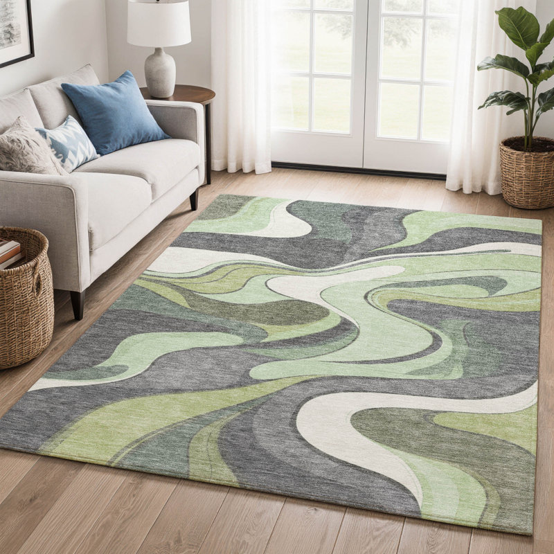 Premium Machine Washable Mayfield  swirls Rug, 3' x 5', Green