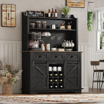 Coffee Bar Cabinet with Sliding Barn Door & Wine Racks, Hutch Cabinet with Storage and 3 Drawers, Farmhouse Coffee Bar with Wine Glass Holder for Dini by August Grove