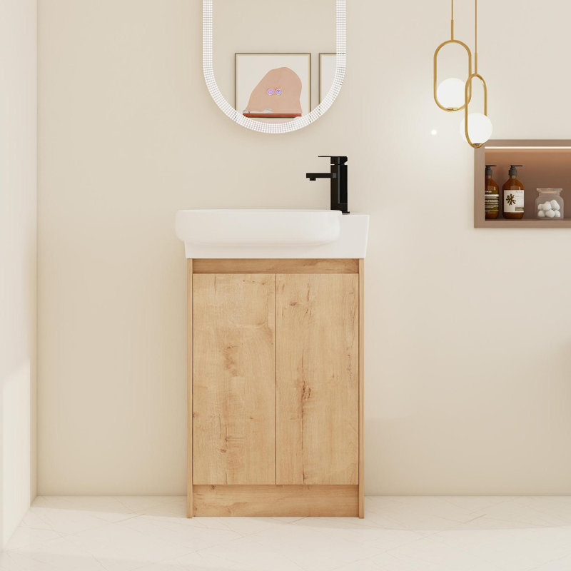 23" Freestanding Single Bathroom Vanity with Ceramic Top，Floor Standing Vanity with 2 Soft Close Doors and 1 Adjustable Shelf