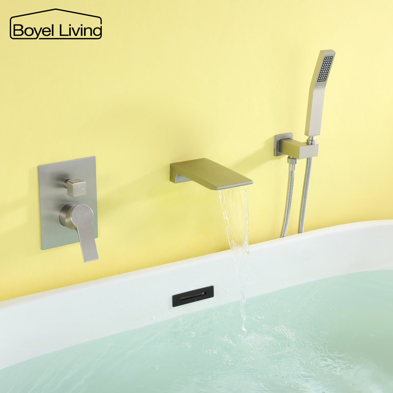 Brushed Nickel Wall-Mount Waterfall Tub Faucet with Hand Shower