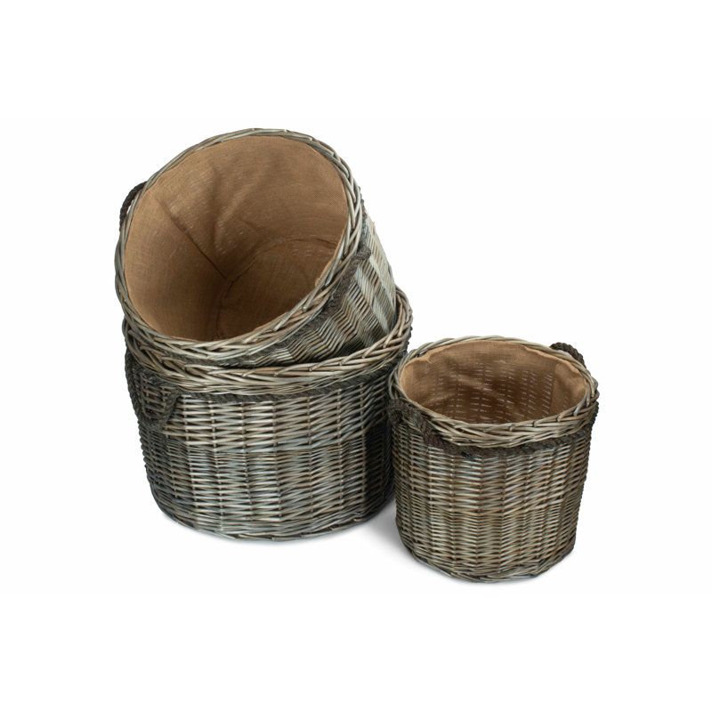 Wicker 3 Piece Storage Basket Set with Lining, Antique Wash