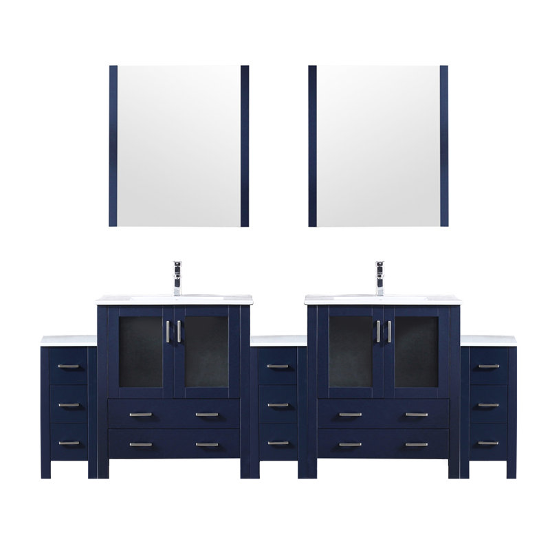 White Double Bath Vanity 96 In., Ceramic Top, Side Cabinets, 28 In. Mirrors, Faucet - And To Wear W Vanity, Chemicals Rust