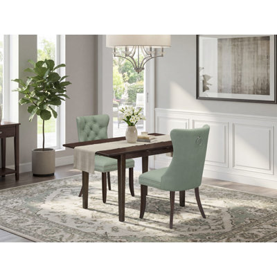 3 Piece Dining Set Consists of a Rectangle Kitchen Table with Removable leaf and 2 Upholstered Chairs, Mahogany