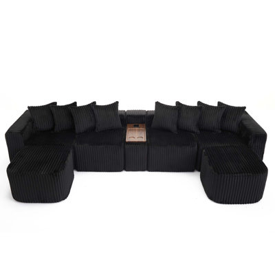 137.5" U Shaped Sofa , USB & Wireless Charge, Coffee Table Board With A Cup Holder, Oversize Movable Modular Sofa,Movable Footstool,No Assembly,6 Seats,Corduroy