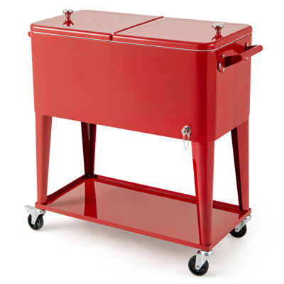 Heavy-Duty 80-Quart Insulated Portable Patio Rolling Cooler Cart With Extra Bottom Large Capacity Storage Shelf, Built-In Stainless Steel Bottle Opener
