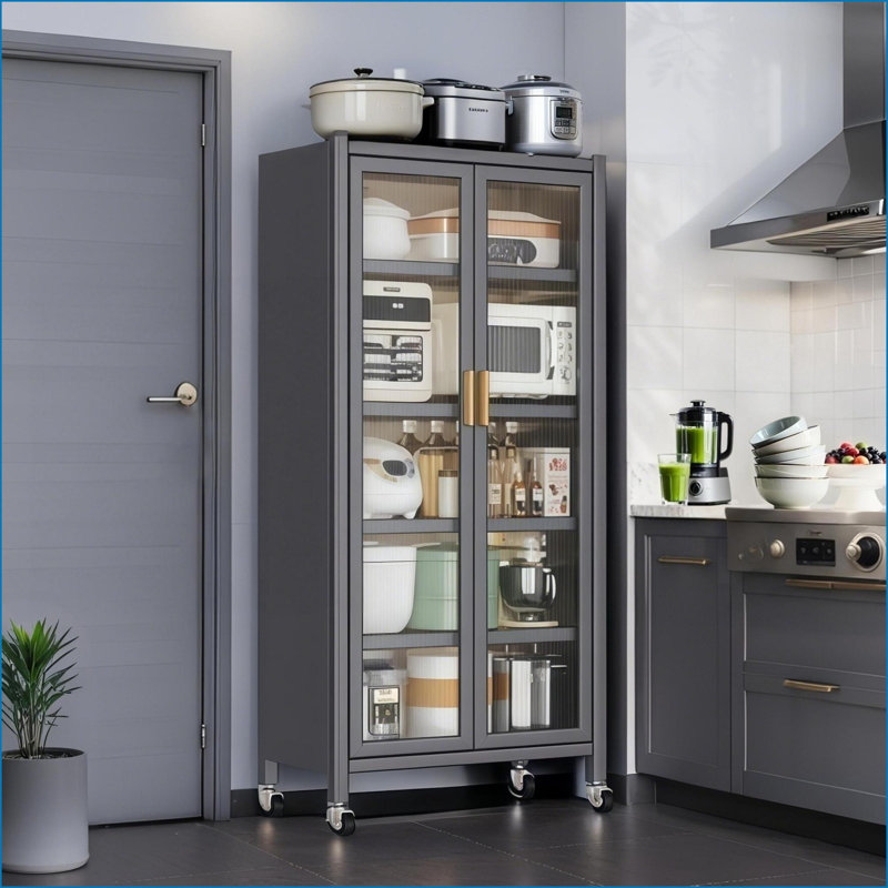 Armoire de rangement 65 po en métal gris moderne | Portes transparentes | Roulettes verrouillables