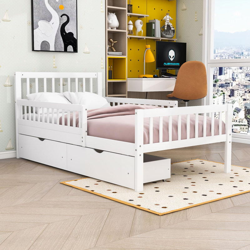 Lit plateforme en bois avec tête de lit, garde-corps et tiroirs de rangement Idahlia, Simple, Blanc
