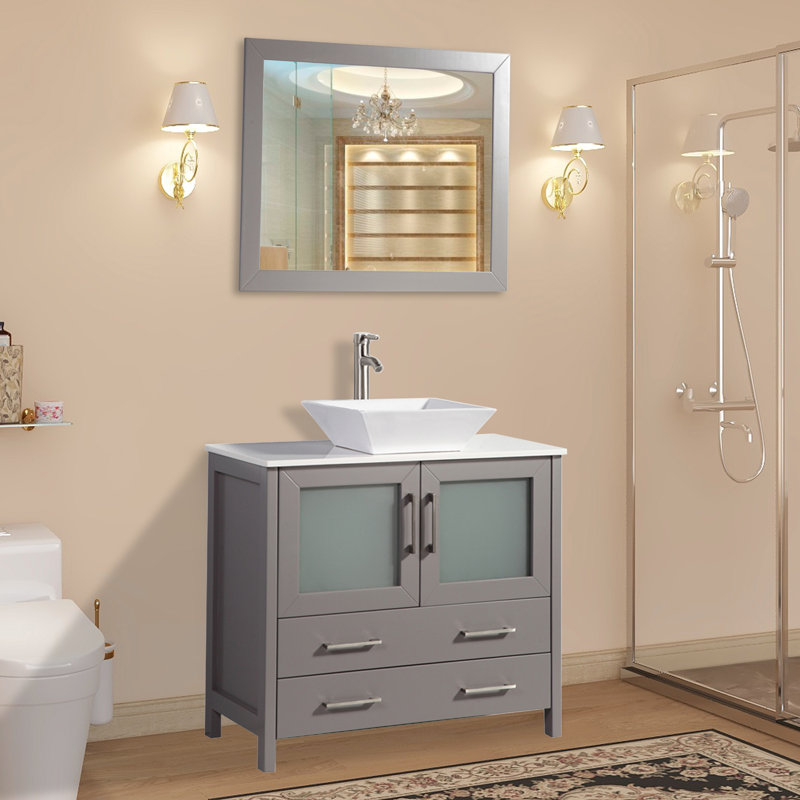 Ravenna 36" Freestanding Single Sink Bathroom Vanity with Engineered Marble Top and Matching Mirror, Gray, 36" W