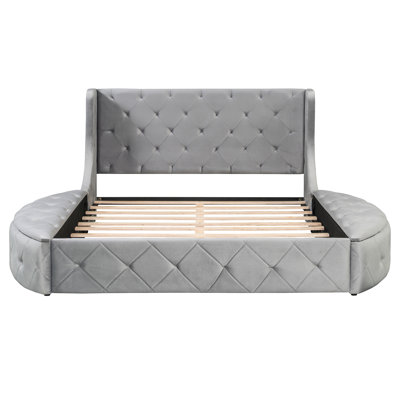Gray Upholstered Platform Bed For Queen, Wingback , Large Storage Drawer, Two Side Storage, Solid Wood Structure, 10 Slats Support, 800Lbs Load Velvet Queen With Headboard, One Stools, Base, Capacity