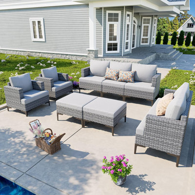 9-Piece Outdoor Patio Conversation Set With Cushions, Ottomans – All-Weather Wicker, Gray-No Table
