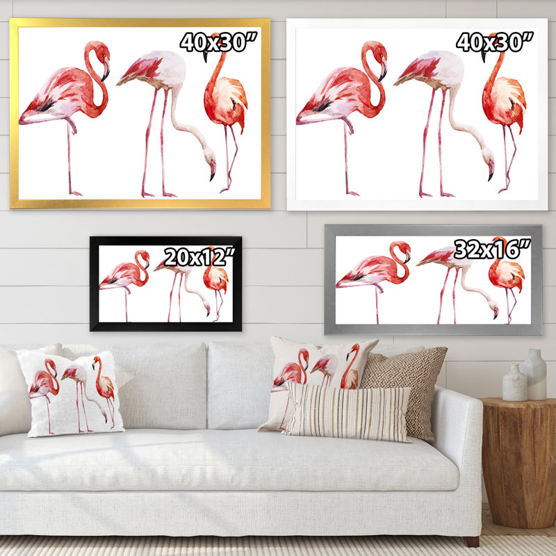 Deux flamants roses sur fond blanc - peinture sur toile, H 12 po x l 20 po, Toile à cadre d'angle fermé doré